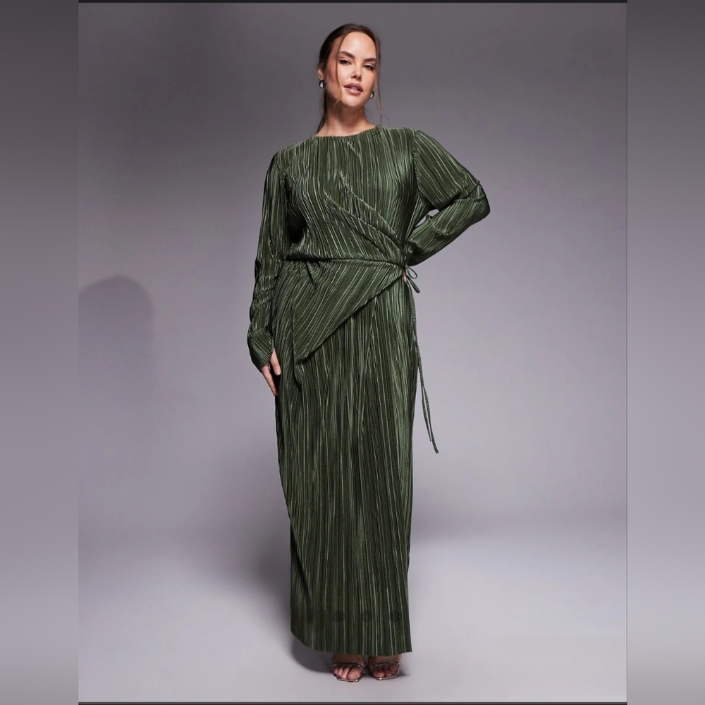 Asos Designe Curve Plisse Long Sleeve Wrap Tie Waist Maxi Dress In Khaki Green